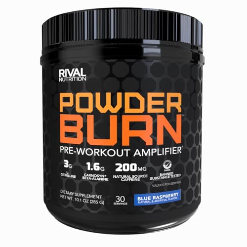 Image of RIVAL NUTRITION Powder Burn Pre-Workout Energy Powder for Men and Women I 3g L-Citrulline, 1.6g Beta-Alanine, 625mg Electrolytes, 200mg Natural Caffeine Per Serving I 30 Servings (Blue Raspberry)