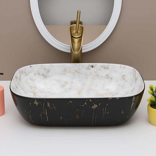 Image of OSOSAM Premium Designer Table Top Ceramic Wash Basin /Vessel Sink with Slim Rim for Bathroom (18 x 13 x 5.5 Inch) (OS-Double Color-157)