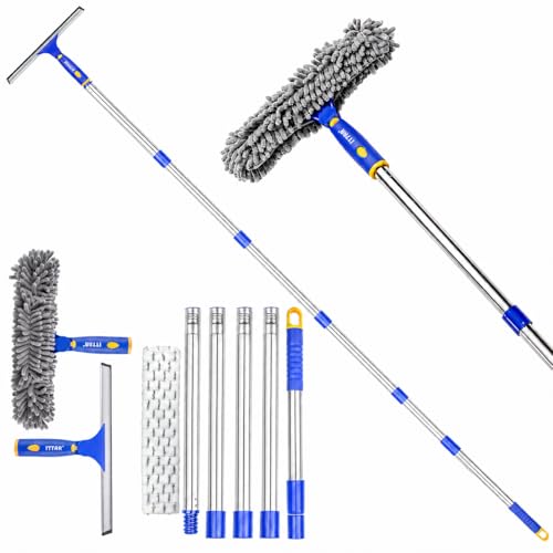 Image of ITTAR Window Squeegee with 88 Inch Extension Pole, Rotatable Window Cleaning Kit with Long Handle, Rubber Blade & Microfiber /Chenille Pads Glass Cleaner Tool for Outdoor Windows, Glass, Car