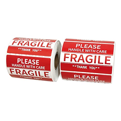 3" x "2" Inch Permanent Adhesive "Fragile" Warning Stickers - "Please Handle with Care" - "Thank You