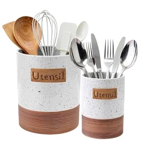 Utensil Holder, 7.1″+5.4″ Ceramic Kitchen Utensil Crock for Counter, Farmhouse Cooking Utensil Organizer for Spatula Spoon Silverware Vintage Kitchen Decor Accessories Set of 2, White