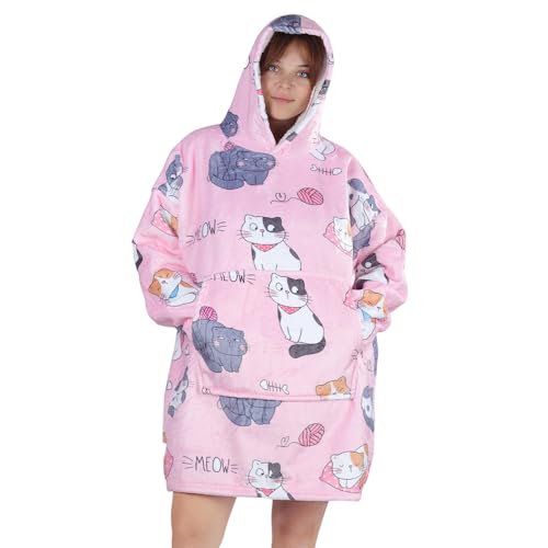 Queenshin Gato Rosa Sudadera Manta con Capucha y Bolsillo Mujer
