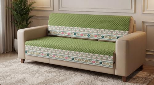 Image of KINGLY Sofa Cover 5 Seater 3+2 Velvet Full Cover - Olive Green | Fully covered quilted velvet slipcover, washable anti-slip thick furniture protector for 3+2 living room sofa