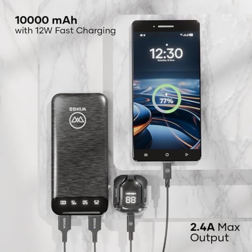 Image of Wings Power Boost 10000mAh Powerbank with 12W Fast Charging, Dual Output, Li-Polymer, Multi- Protection Powerbank for iPhone, Android & Other Devices, Made in India