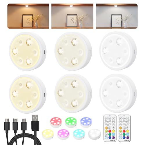 HOLKPOILOT Puck Lights with Remote, 2000mAh Battery Operated Rechargeable Under Cabinet Lighting, 3 Color Temps & 7 RGB Colors, Magnetic Closet Light, White Wireless Puck Light for Kitchen, Shelf