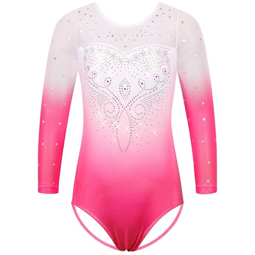 TFJH E Gymnastics Leotards for Girls Practice Outfits 3/4 Sleeve Ballet Dancewear Gradient 398 White Pink 10A