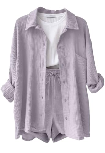 Image of Joligiao 2 Piece Outfits Cotton Linen Shirt and Shorts Co Ord Sets for Women Summer Button Down Long Sleeve Shirt Top and Drawstring Linen Shorts Casual Loungewear Tracksuit for Airport Travel Beach