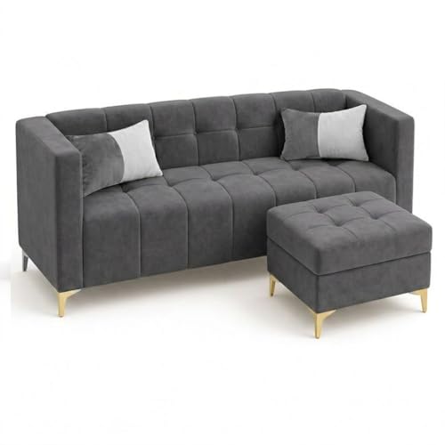 Image of FURNY Homeliving 4 Seater L Shape Sofa Set with Movable Ottoman & Golden Legs | Flexible Left or Right Layout | Plush Velvet Fabric (Dark Grey) | Perfect for Living Room, Guest Room & Office