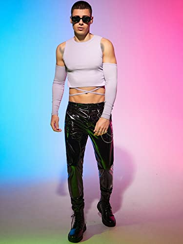 Shenhe Men's Leather Pants Chain Detail Pants Slim Fit Pants With Pocket Black M #TOP5