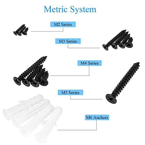 HanTof 525Pcs Phillips Flat Head Self-Tapping Screws, Black Carbon Steel Wood Screws, M2 M3 M4 M5 Cross CSK Sheet Metal Screws Assortment with 20pcs M6 Screw Anchors. Coarse Threaded, Sharp Point by HanTof - Image 4