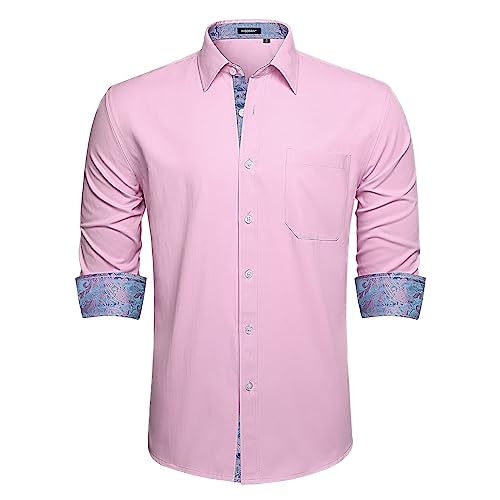 HISDERN Camisas de Vestir para Hombre Camisa de Boda Rosa de Manga Larga Ajustada a la Moda Casual con Bolsillo