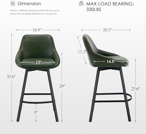 Image of Zesthouse Swivel Bar Stools Set of 4, 26 inch Modern Counter Height Bar Stools with Low Backs, Upholstered Faux Leather Bar Chairs for Kitchen Counter, Green Island Chairs with Metal Legs