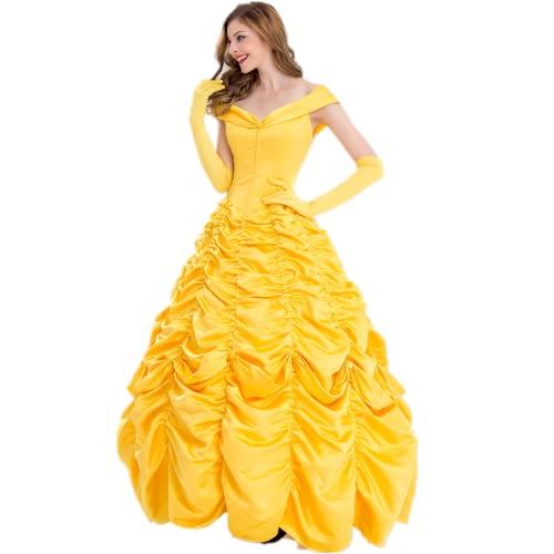 OwlFay Femme Robe de Princesse Belle Déguisement Carnaval Halloween Cosplay Fancy Dress Up Robe Jaune+Accessoires S