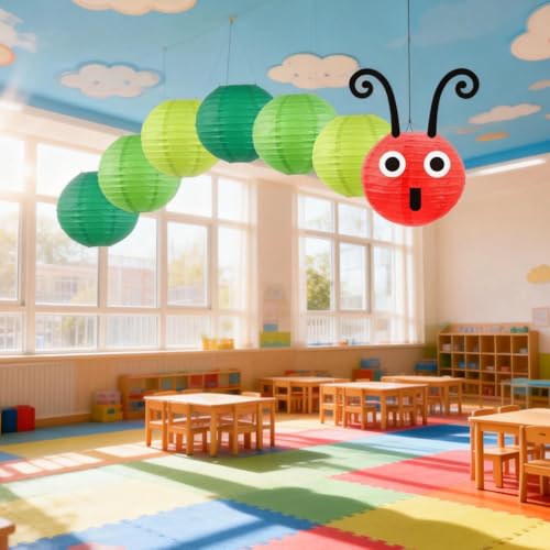 Image of Hungry Caterpillar Paper Lanterns - Green Cartoon Style | Hanging Decor for Back to School, Birthday, Classroom Decorations and Theme Parties (14-Pack, 8 /10 Inch)