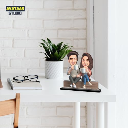 Image of Wood Rectangular Personalized Caricature Gift for Couple, 7 Inches, Tabletop Multicolor, Art Deco Style