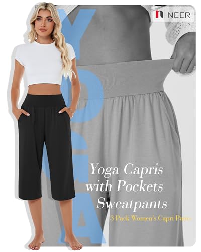 Neer 3 Pack Women Capri Pants, Cotton Wide Leg High Waist Crop Lounge Sweatpants Summer Yoga Casual Workout Pants with Pocket4
