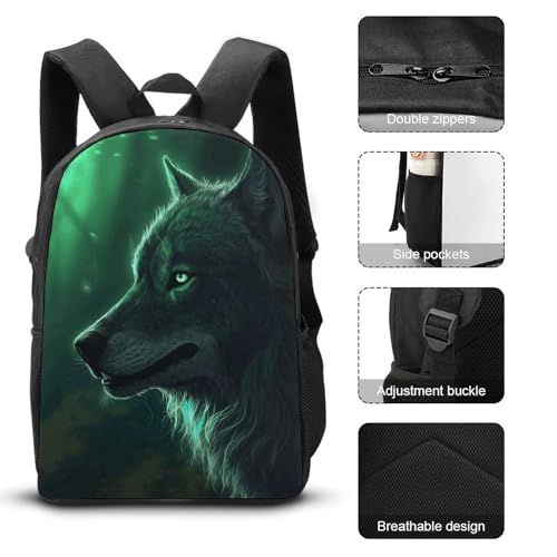 3 Piece Backpack for Women Men Lightweight Causal Daypack Shoulder Bag Set with Insulated Lunch Bag And Pencil Case Organizers Green Wolf3