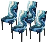 ANNA QUEEN Blue Marble Chair Covers Set of 4, Stretch Dining Chair Slipcovers with Ocean Wave Abstract Pattern, Washable Seat Back Covers for Kitchen Dining Room Home Decor