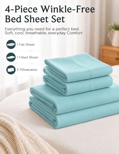 Image of LuxClub 4 PC Full Size Sheet Set Deep Pockets 18 inch Wrinkle Free Cooling Sheets Machine Washable Hotel Bedding Silky Soft - Aqua Full