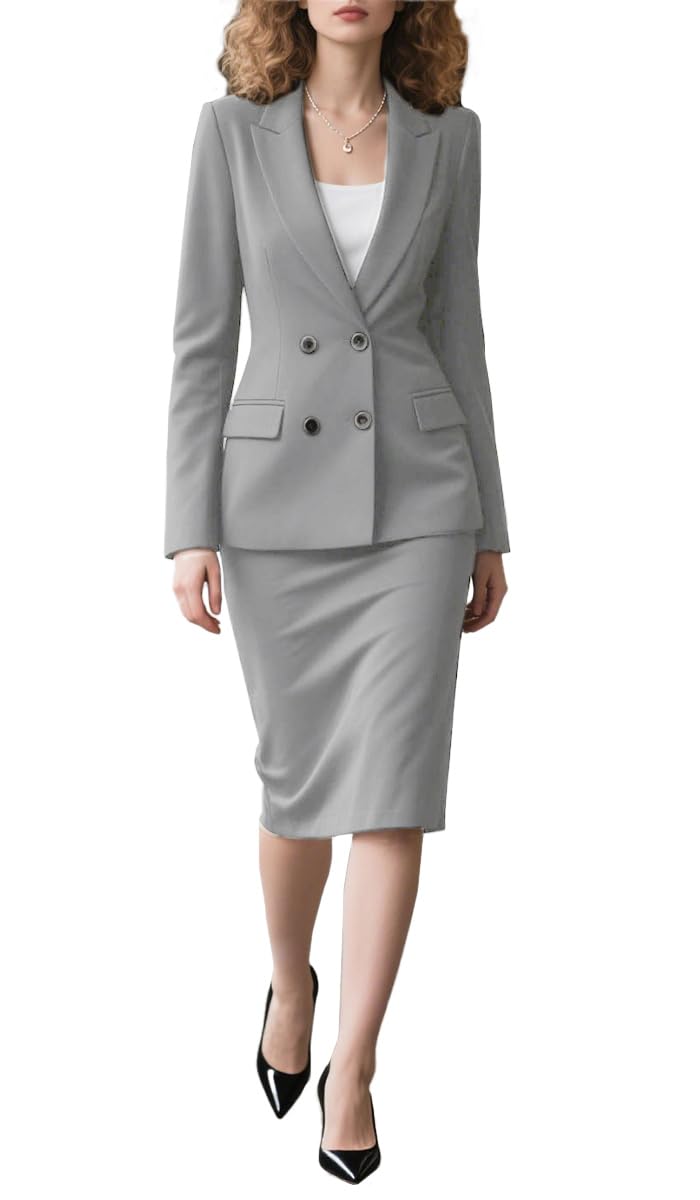 Botong Double Breasted Womens Skirt and Blazer Sets Business Office Blazer and Pencil Skirt Outfits Light Grey M