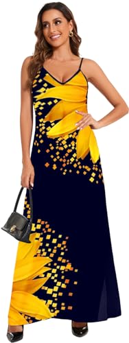 Image of Women's Maxi Sunflower Dresses Sleeveless Long Tie Dye Dress Casual Sundresses with Pockets