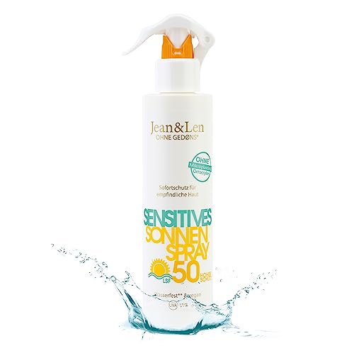Jean & Len Sensitiv Spray solaire 50 FPS résistant à l'eau, adapté aux peaux sensibles, sans silicone, octocrylène, parfums & microplastiques, végétalien, vaporisateur 250 ml