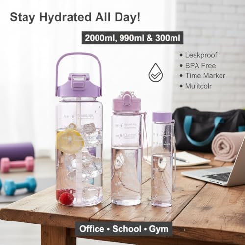Image of Plastic Set Of 3 Transparent Water Bottle 2000ML, 900ML, 300ML With Motivational Time Marker, Leakproof Durable Sipper Water Bottle For Office, School, Gym (Multicolor)