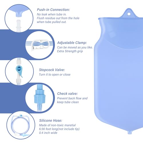 Image of TopQuaFocus Silicone Enema Bag Kit, 3L Capacity, Blue, with 6.5ft Tubing, Adjustable Clamp, Anti-Back Flow Valve, Multiple Nozzles, Storage Bag