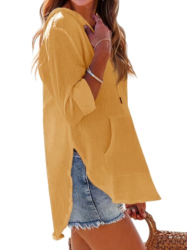 Ebifin Women's Beach Cover Up hoodies sweatshirt Long Sleeve V Neck Pocketed Hooded Shirt Top Yellow4