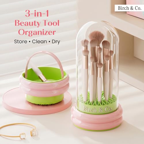 Image of Birch & Co. 4-in-1 Makeup Brush Holder Organizer with Dustproof Lid,Silicon Brush Cleaning Mat & Hanging Drying Rack, Portable Makeup Organisers Case for Sponges, Puffs & Brushes, Pink & Green