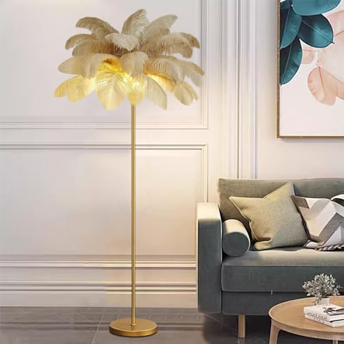 Lámpara de Pie de diseño sencillo y acabado khaki con plumas decorativas
