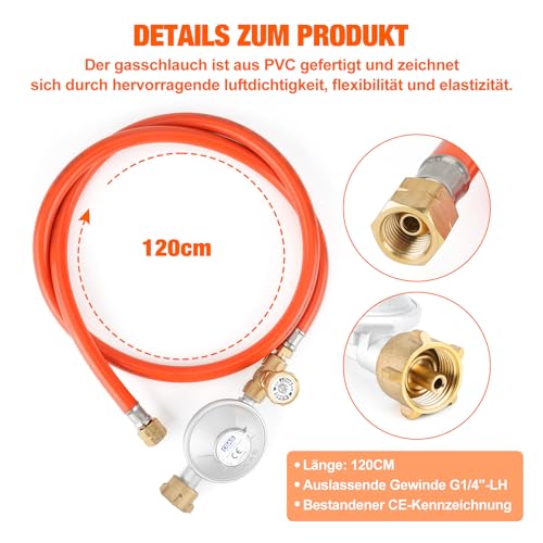 onlyfire Gasdruckregler für Gasflaschen, Ausgangsgewinde G1/4-LH, 50mbar, Gasregler Druckminderer für Camping Gasgrill, Gasdruckminderer mit Verstellbarem Schalter und Gasschlauch 120cm
