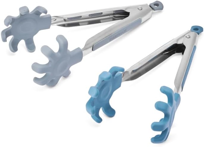 Juego de pinzas de cocina, mini pinzas de 2 piezas con puntas de nailon y mango flexible, pinzas de cocina de acero inoxidable de 9 pulgadas, pinzas de bloqueo para servir y entretener, azul y verde claro