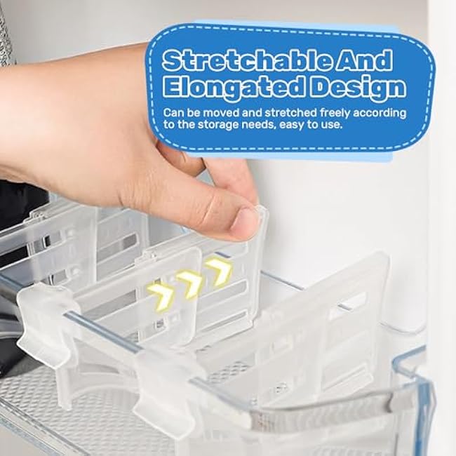 8 Pcs Adjustable Clear Fridge Divider Set, Retractable Fridge Door Organizer Clip, Snap-On Unexpanded: 3.1 x 1.9 Inches (8 x 5 cm) Expanded: 4.7 x 1.9 Inches (12 x 5 cm)