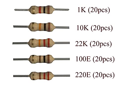 Image of BRANDED Carbon Film Resistor 1K 10K 22K 100E 220E 1 /4 watt 4 Band Tolerance 5% - Total 100pcs Value (5 Values Mix 20each)
