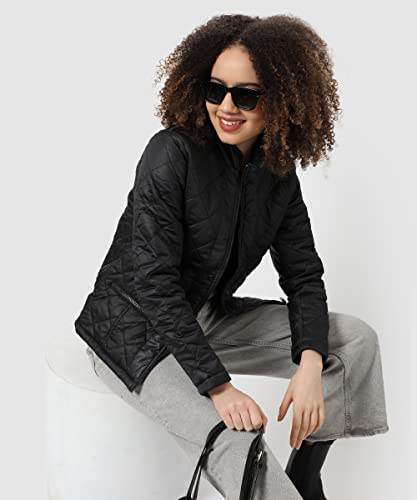 Image of Campus Sutra Women's Black Quilted Regular Fit Bomber Jacket For Winter Wear | Standing Collar | Full Sleeve | Zipper | Casual Jacket For Woman & Girl | Western Stylish Jacket For Women