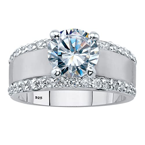PalmBeach Platinum-plated Sterling Silver Round Cubic Zirconia Brushed Band Engagement Ring Sizes 6-10