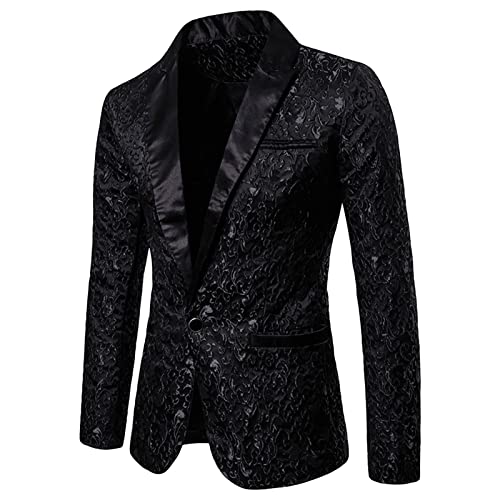 Men's Floral Jacquard Suit Jacket One Button Stylish Print Tux Blazer Notched Lapel Wedding Dinner Dress Tuxedo (Black,Large)