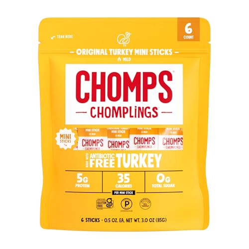 CHOMPS MINI Free Range Turkey Jerky Meat Snack Sticks, Original Turkey, 0.5 Ounce (Pack of 6)