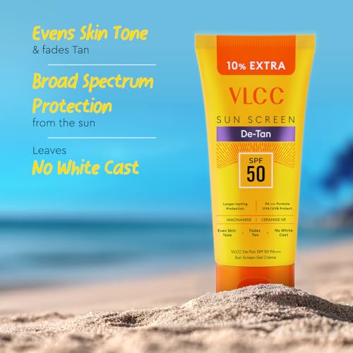 VLCC All Skin De-Tan SPF 50 PA+++ Sunscreen Gel Crème - 100g + 10g Extra | With Cucumber, Carrot, and Saxifraga Extracts | Enhances Glow, Protects from UVA, UVB Rays, and Help Reduce Dark Patches.