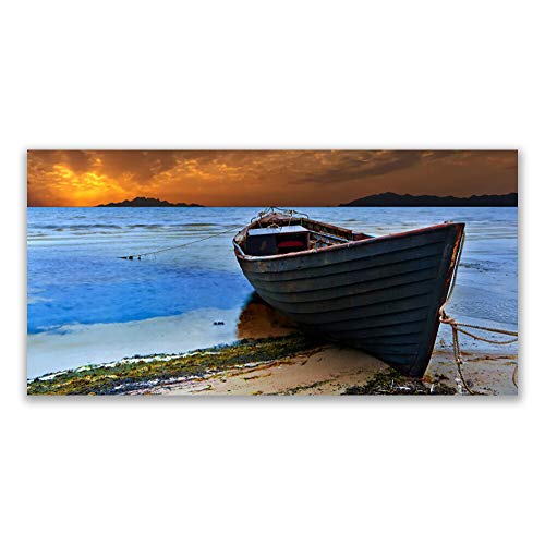 Toile imprimée 140x70cm avec paysage de plage et bateau pour décoration murale
