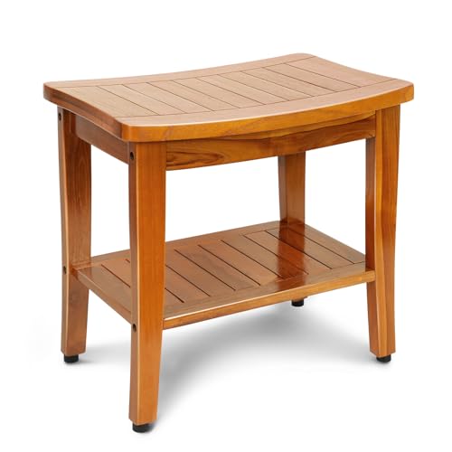MRTEAK 20 Premium Teak Shower Bench with Shelf & Handle Solid Teak Shower Stool Durable Wooden Waterproof Seat for Inside Shower Teak Wood Bench for Bathroom Indoor & Outdoor Use