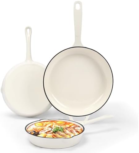 Nonstick Enameled Cast Iron Cookware - 3 enameled cast iron skillet 8-Inch, 9.5" Frying Pan & 11-Inch Large Cookware, Healthy Non Toxic Cooking Pan, PFOA PFAS PTFE Free, White - Thumbnail 2
