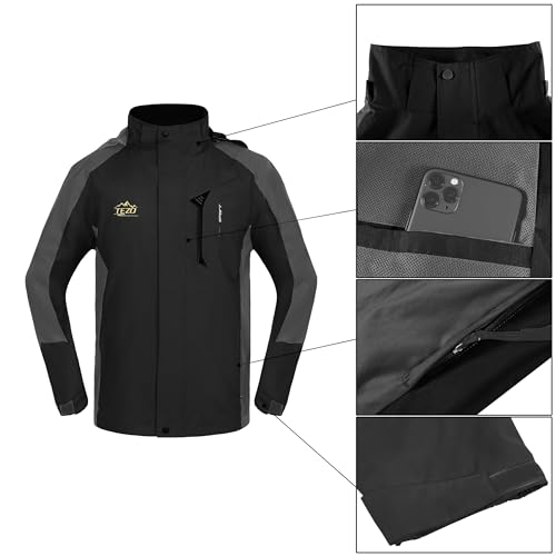 Image of Mens Rain Jacket Waterproof with Hooded Hiking Coat Lightweight Windbreaker | Windproof Mountain Jacket,Multi Zip Pockets Windbreaker,Work,Breathable,Fishing,Active Performance Shell Jackets,Outer Layer