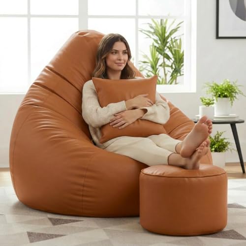 Image of 5XL Premium Leatherette Bean Bag with Rectangular Footrest & Cushion | High Density EPS Beans Filled | Teardrop Shape with Handle | 6 Months Warranty (Orange, 5XL Combo Pack, Solid)
