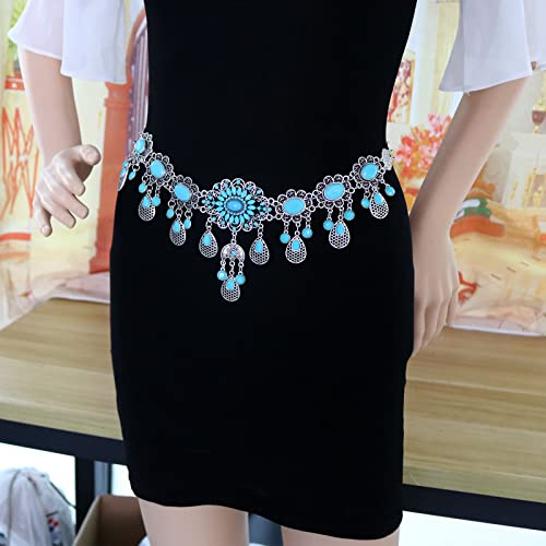 Vintage Flower Turquoise Chain Belts Silver Pear coin Pendant Metal Waist Belt Western Body Jewelry for for Women Dress Vest Jeans for Waistline 25-45inch (Silver Plated)3