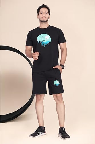 Image of HOODMASTER Men's Cotton Night Suit Set of Top & Knee Length Shorts with Round Neck Half Sleeves Solid Pattern Regular Fit and Standard Length | Mens Cotton Night Suit | T-Shirt and Shorts Sets