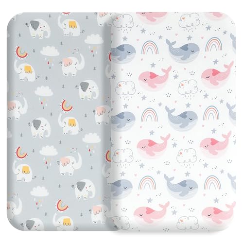 Image of FHMJYH Bassinet Bed Sheet Set 2 Pcs Fits Rectangle Oval Halo Hourglass Mattress Stretch Bassinet Bed Sheet Soft and Comfortable (Rainbow Whale & Elephant)