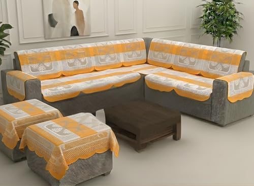 Image of Fab Nation Sofa Cover L Shape 7 Seater with Corner L Type Fully Covered Sofa Set for Living Room | Cotton Sofa Slipcovers for 4 + 3 Seaters Cover with 2 Arms + 2 Setty Covers | Yellow