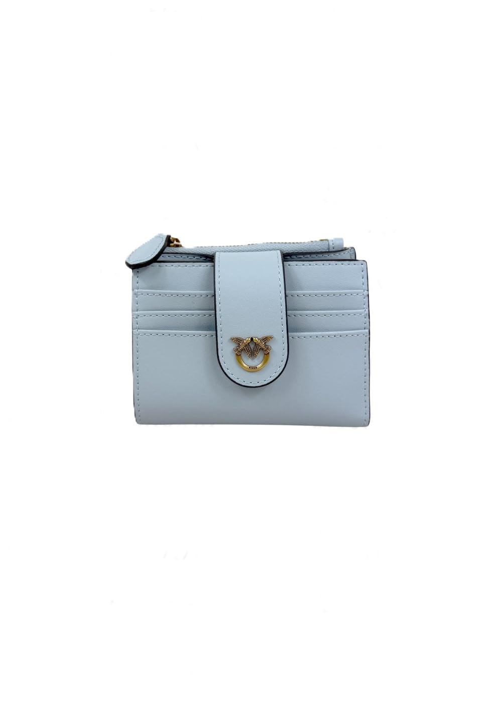 Pinko Portafoglio Donna in Pelle, Azzurro Celeste, Multi Purpose, Chiusura con Bottone, 6 Vani Portacarte, Portamonete Esterno, 9,5 x 9 x 3 cm, Galvanica Oro Antico